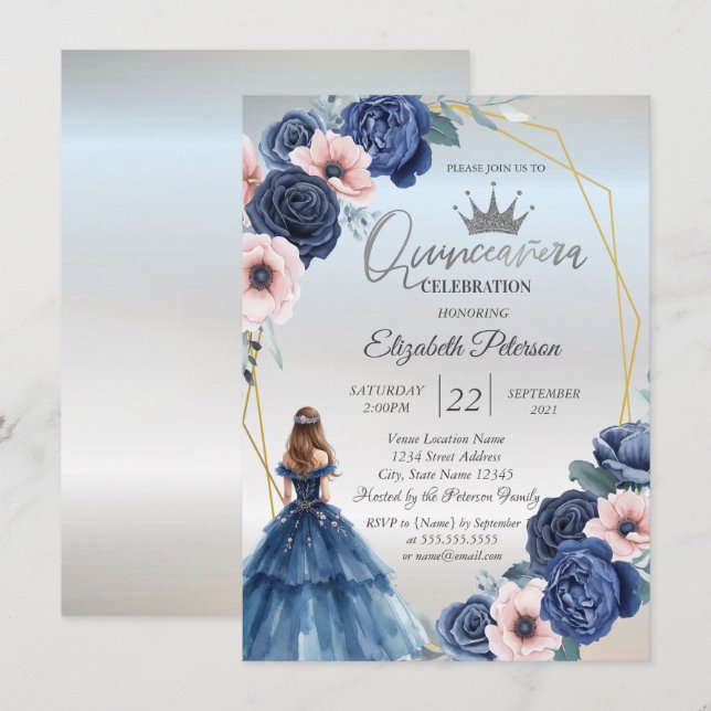 Invitation Robe bleue, cadre aux fleurs bleues (Devant / Derrière)