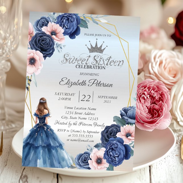 Invitation Robe bleue, cadre de fleurs bleues pour un Sweet 1 (Créateur téléchargé)