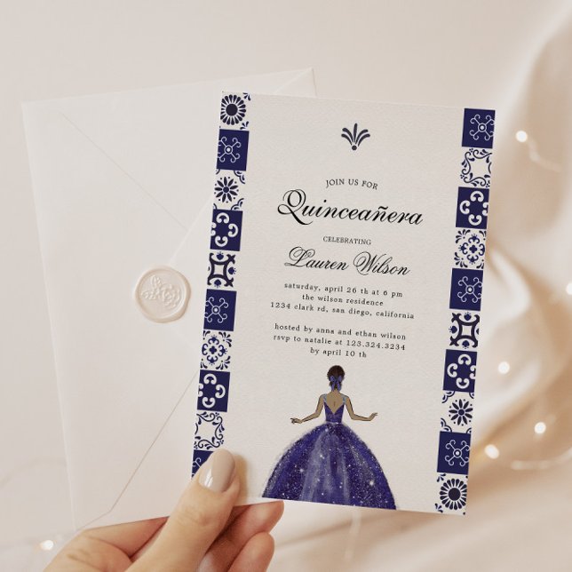 Invitation Robe Bleue Carreaux Artistiques Quinceañera Invita (Créateur téléchargé)