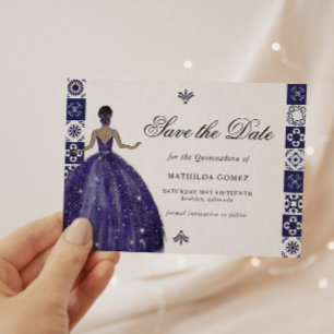 Invitation Robe Bleue Carreaux Mur Quinceañera Enregistrer La