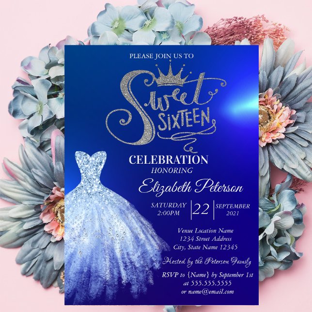 Invitation Robe bleue chic, diamants Blue Sweet 16  (Créateur téléchargé)