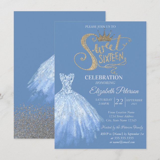 Invitation Robe bleue chic, Diamants Sweet 16 (Devant / Derrière)