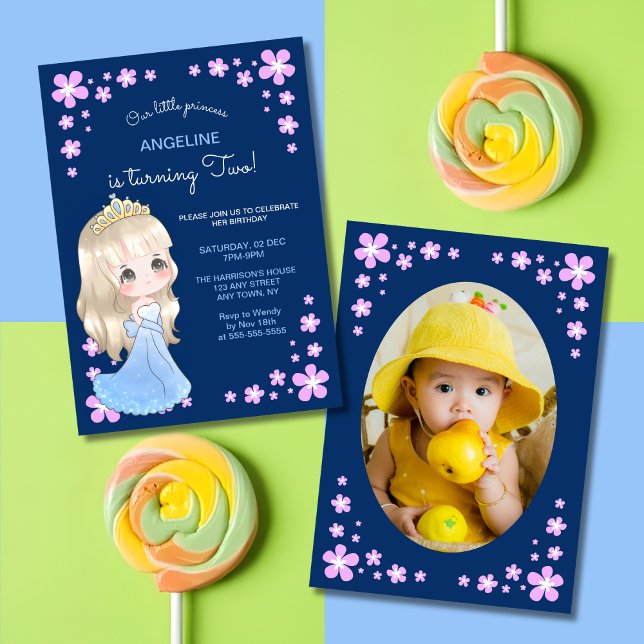 Invitation Robe Bleue Cute Princesse Floral Photo Anniversair (Créateur téléchargé)
