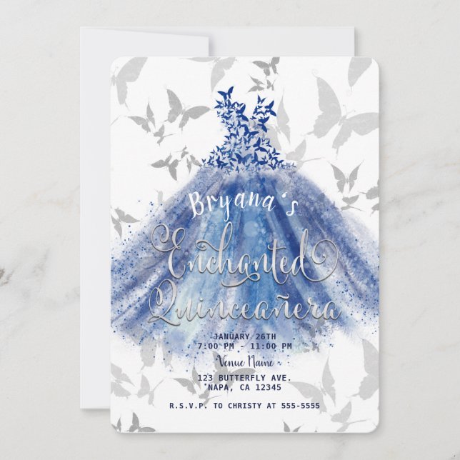 Invitation Robe bleue danse papillon argent 15 Quinceañera (Devant)