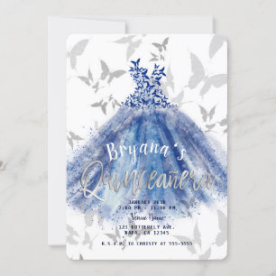 Invitation Robe Bleue Danse Papillon Quinceañera en argent 15