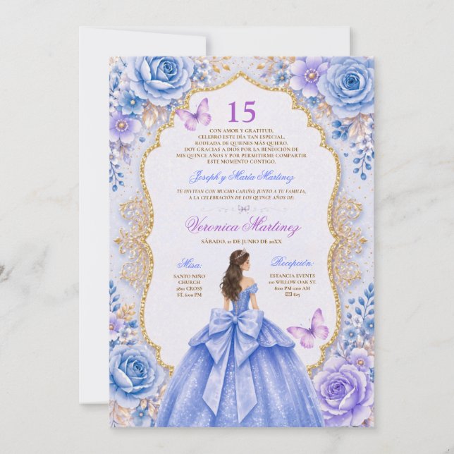 Invitation Robe Bleue de Quinceañera Espagnole 15 Ans Princes (Devant)