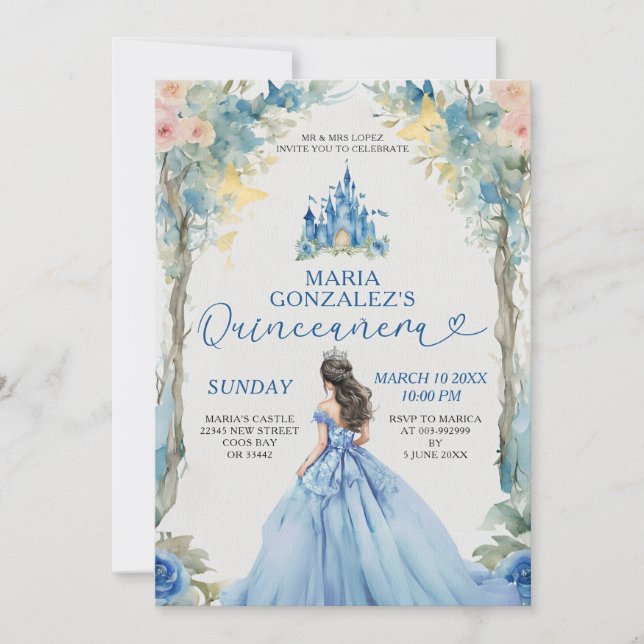 Invitation Robe bleue Dusty Château rose Floral Quinceañera (Devant)