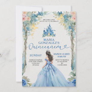 Invitation Robe bleue Dusty Château rose Floral Quinceañera