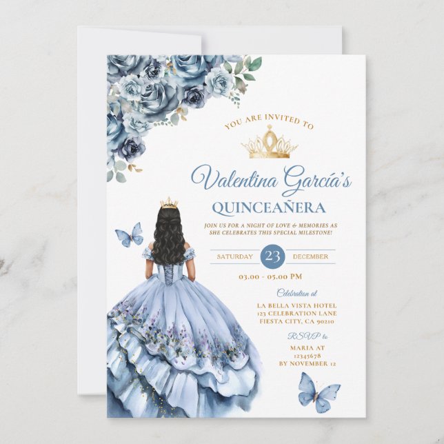 Invitation Robe bleue Dusty Quinceañera 15 Anos Fleurs Or (Devant)