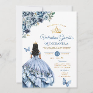 Invitation Robe bleue Dusty Quinceañera 15 Anos Fleurs Or