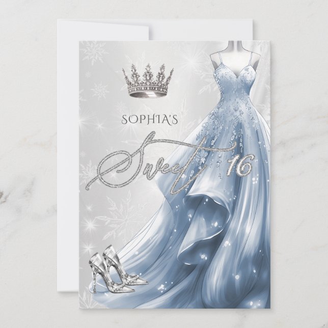 Invitation Robe bleue Dusty Snowflakes Winter Sweet 16 (Devant)