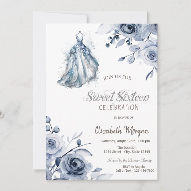 Invitation Robe Bleue Élégante Roses Bleues Douze Ans (Devant)