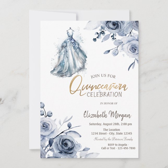 Invitation Robe Bleue Élégante Roses Bleues Quinceañera (Devant)