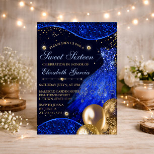 Invitation Robe bleue et ballons pailletés or Sweet 16