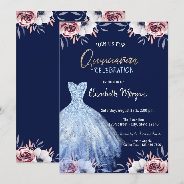 Invitation Robe bleue Floral Marine bleu Quinceañera (Devant / Derrière)