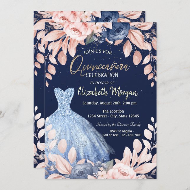 Invitation Robe bleue Floral Quinceañera (Devant / Derrière)