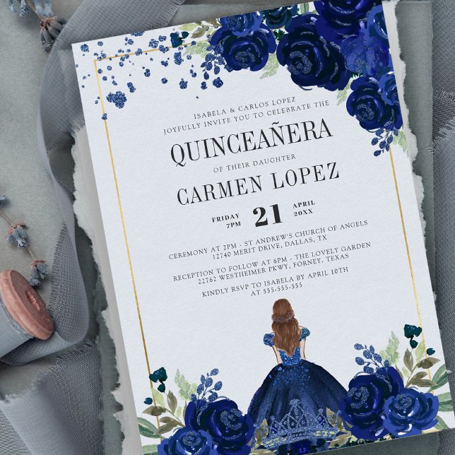 Invitation Robe Bleue Florale Royal Budget Quinceanera (Créateur téléchargé)