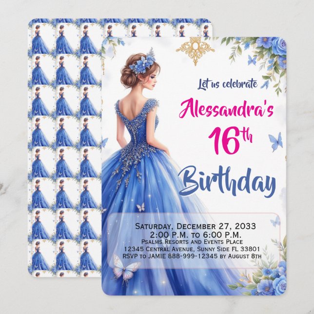 Invitation Robe bleue moderne 16e Fleur Élégante Anniversaire (Devant / Derrière)
