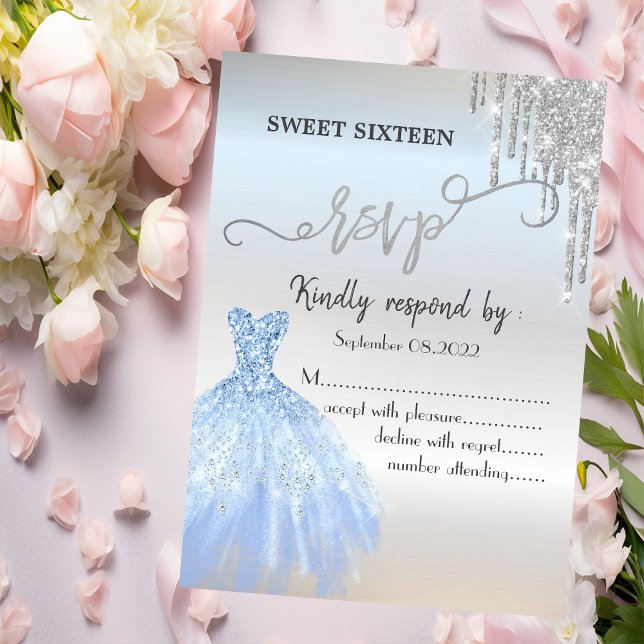 Invitation Robe bleue pailletée argentée chic gouttes Sweet 1 (Créateur téléchargé)