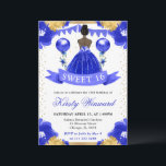 Invitation Robe bleue Peau foncée Princesse Douce 16<br><div class="desc">Elégante aquarelle couleur peau foncée princesse dans la robe bleu royal avec fleurs bleu et or,  ballons et confettis parties scintillant or.</div>