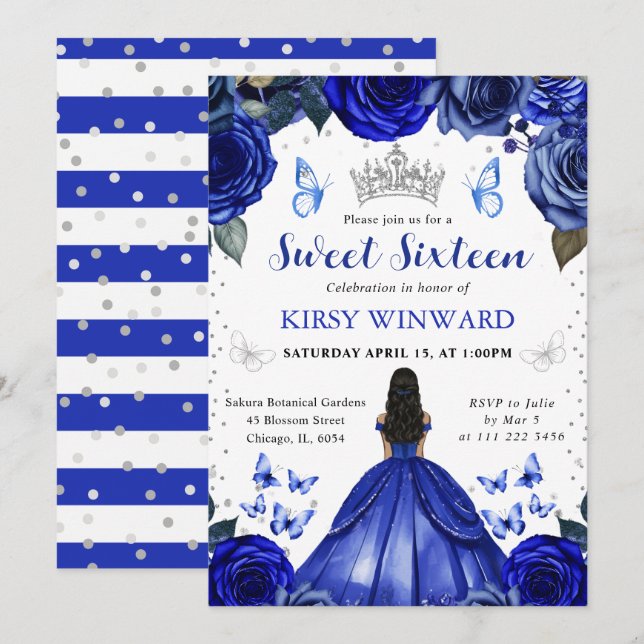 Invitation Robe Bleue Peau Noire Princesse Douce 16 (Devant / Derrière)