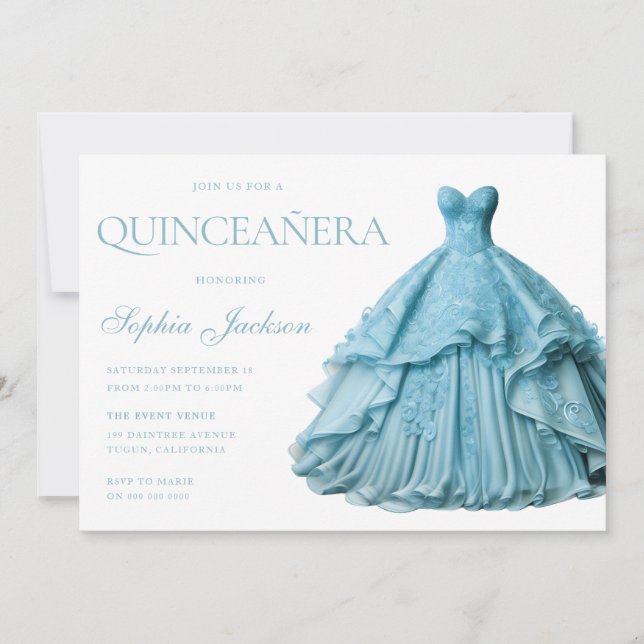 Invitation Robe Bleue Poussée Enchantée Gown Quinceanera (Devant)