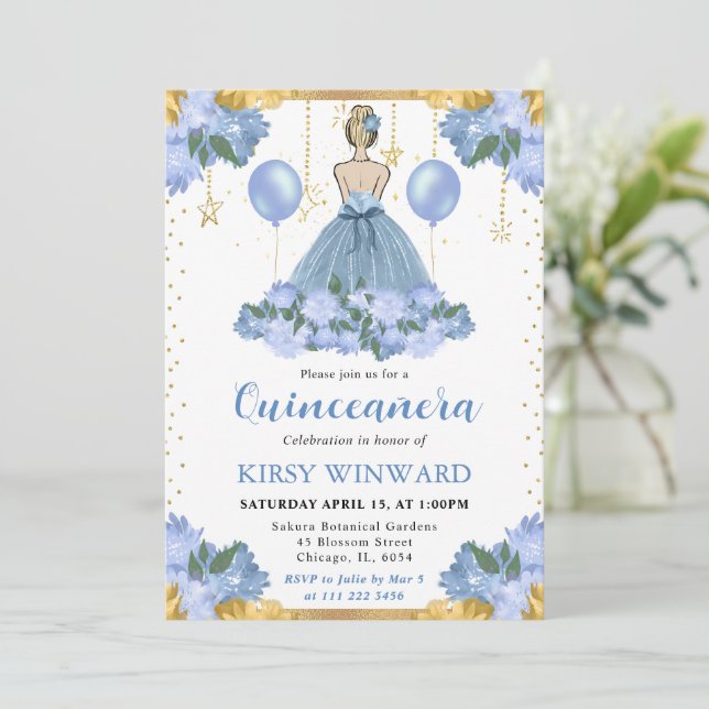Invitation Robe Bleue Poussiéreuse Cheveux Blonds Princesse Q (Debout devant)