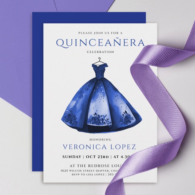 Invitation Robe Bleue princesse élégante Quinceañera Aquarell (Créateur téléchargé)