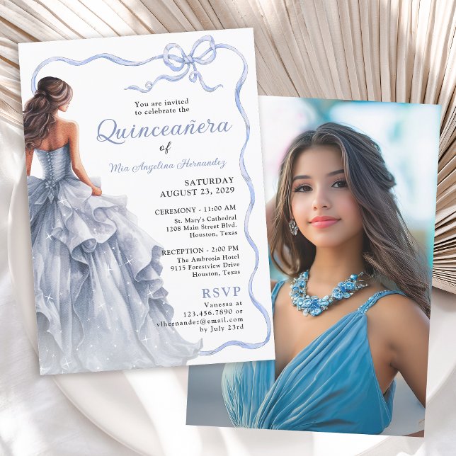 Invitation Robe Bleue Quinceañera Casquette à ruban photo (Invitation available in both printed and instant download digital formats.)