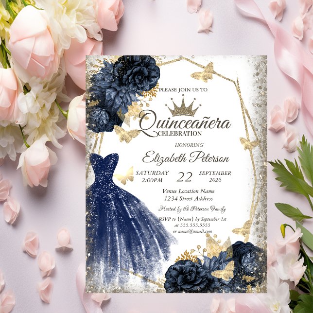 Invitation Robe bleue, Roses, Papillons dorés Quinceañera (Créateur téléchargé)