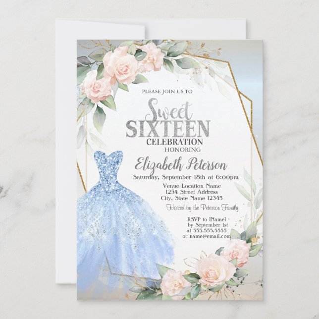 Invitation Robe Bleue, Roses Roses Roses Rose Cadre Argent Do (Devant)