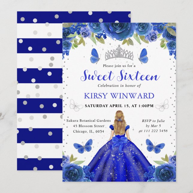 Invitation Robe Bleue Royale Blonde  Princesse Sweet 16 (Devant / Derrière)