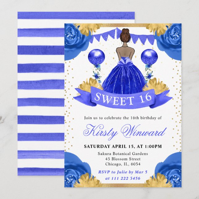 Invitation Robe Bleue Royale Peau Foncée Princesse Sweet 16 (Devant / Derrière)