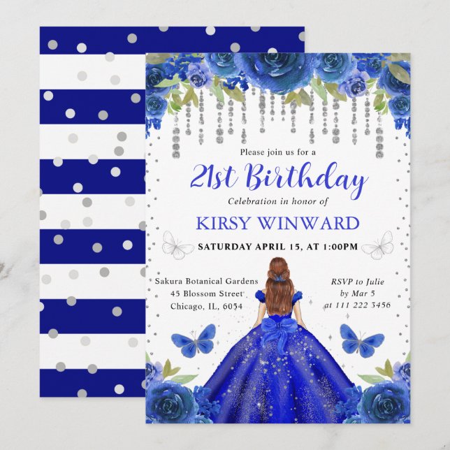 Invitation Robe Bleue Royale Princesse aux Cheveux Rouges Ann (Devant / Derrière)
