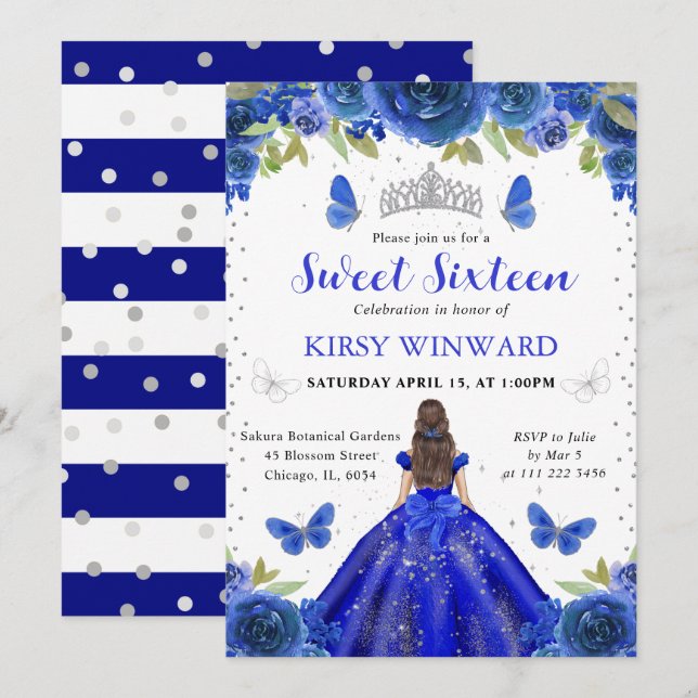 Invitation Robe Bleue Royale Princesse Brune Douze Ans (Devant / Derrière)