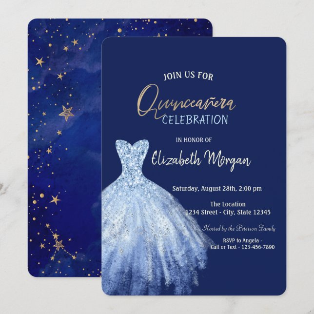 Invitation Robe Bleue Stars Galaxy Marine Bleu Quinceañera (Devant / Derrière)