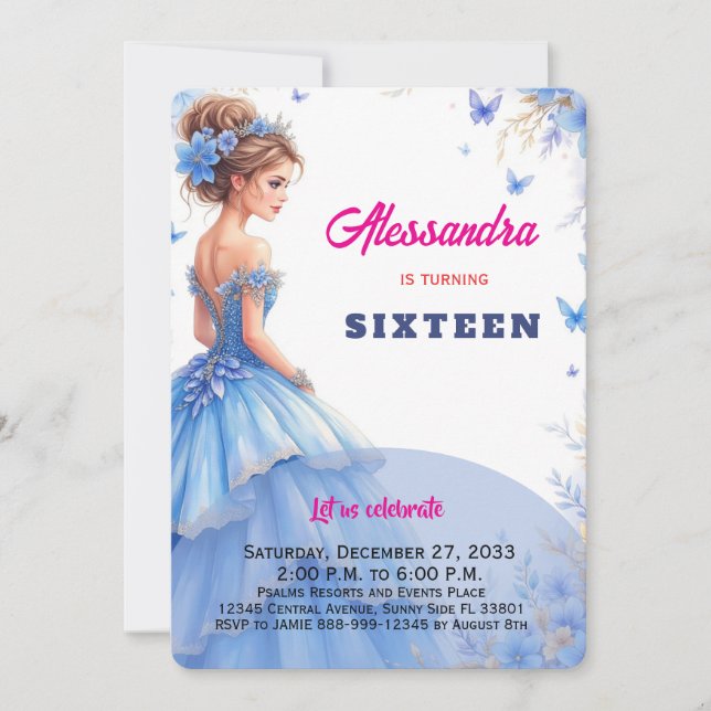 Invitation Robe bleue Sweet 16 florale Budget Fille Anniversa (Devant)