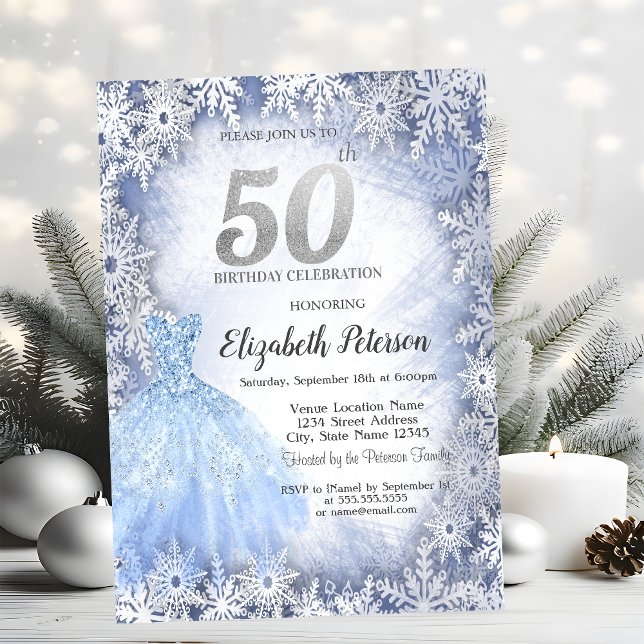 Invitation Robe Blue Snowflakes Hiver 50e anniversaire (Créateur téléchargé)