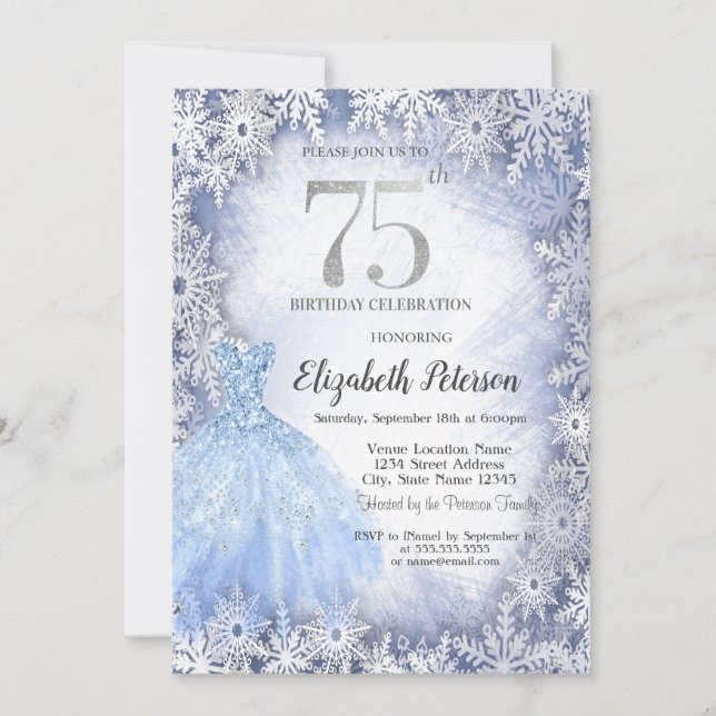 Invitation Robe Blue Snowflakes Hiver 75e anniversaire (Devant)