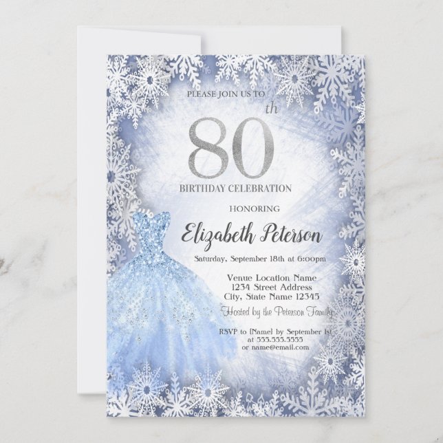 Invitation Robe Blue Snowflakes Hiver 80e anniversaire (Devant)