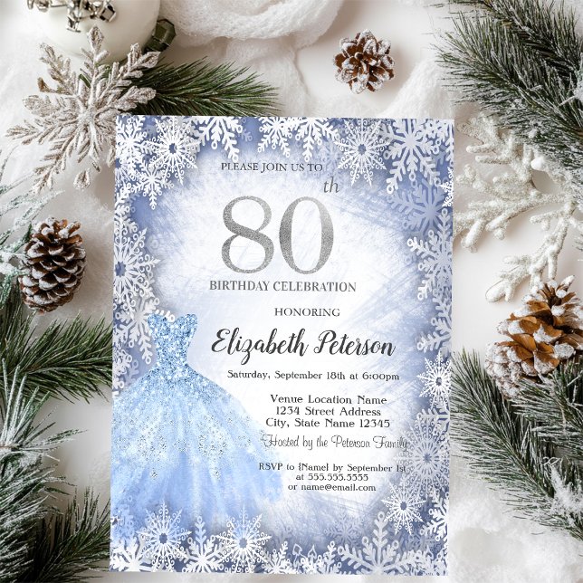 Invitation Robe Blue Snowflakes Hiver 80e anniversaire (Créateur téléchargé)