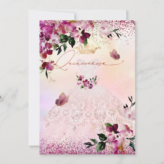 Invitation Robe Blush Quinceanera Fleurs Bourgogne (Devant)