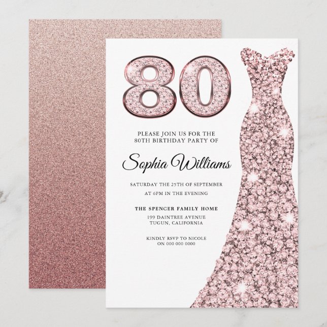Invitation Robe Blush rose femme 80e anniversaire fête (Devant / Derrière)