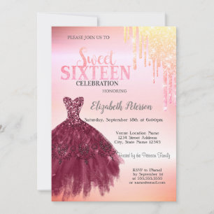 Invitation Robe bordeaux Adorable Glitter Drips, douce 16 an