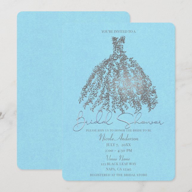 Invitation Robe botanique argent et bleu clair pour la douche (Devant / Derrière)