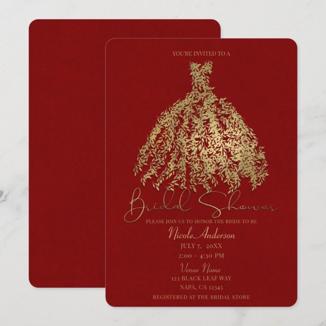 Invitation Robe botanique rouge rustique et or pour la fête d (Devant / Derrière)