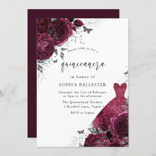 Invitation Robe Bourgogne & Argent & Roses floraux Quinceaner