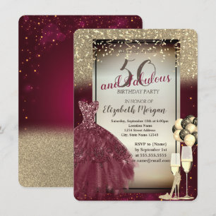 Invitation Robe Bourgogne, Ballons, Or 50e Anniversaire