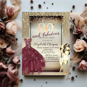 Invitation Robe Bourgogne,Ballons,Paillettes 80e Anniversaire