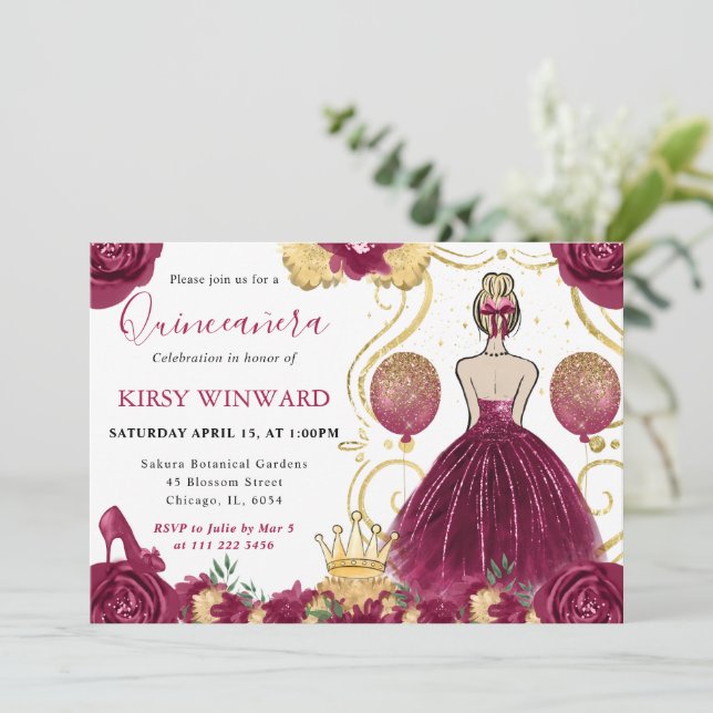 Invitation Robe Bourgogne Cheveux Blonds Princesse Quinceaner (Debout devant)